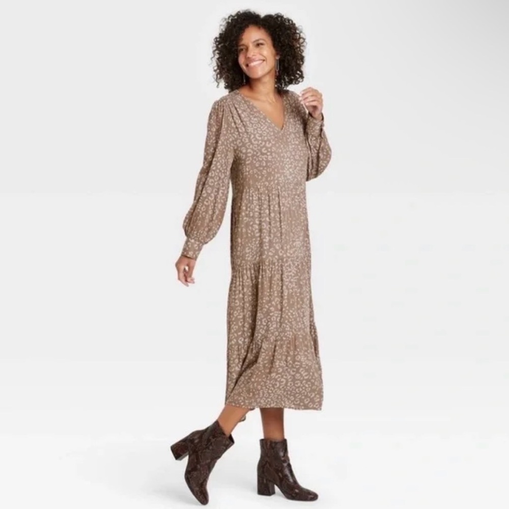 A New Day Mocha Leopard 3 Tiered Maxi Dress Size Medium